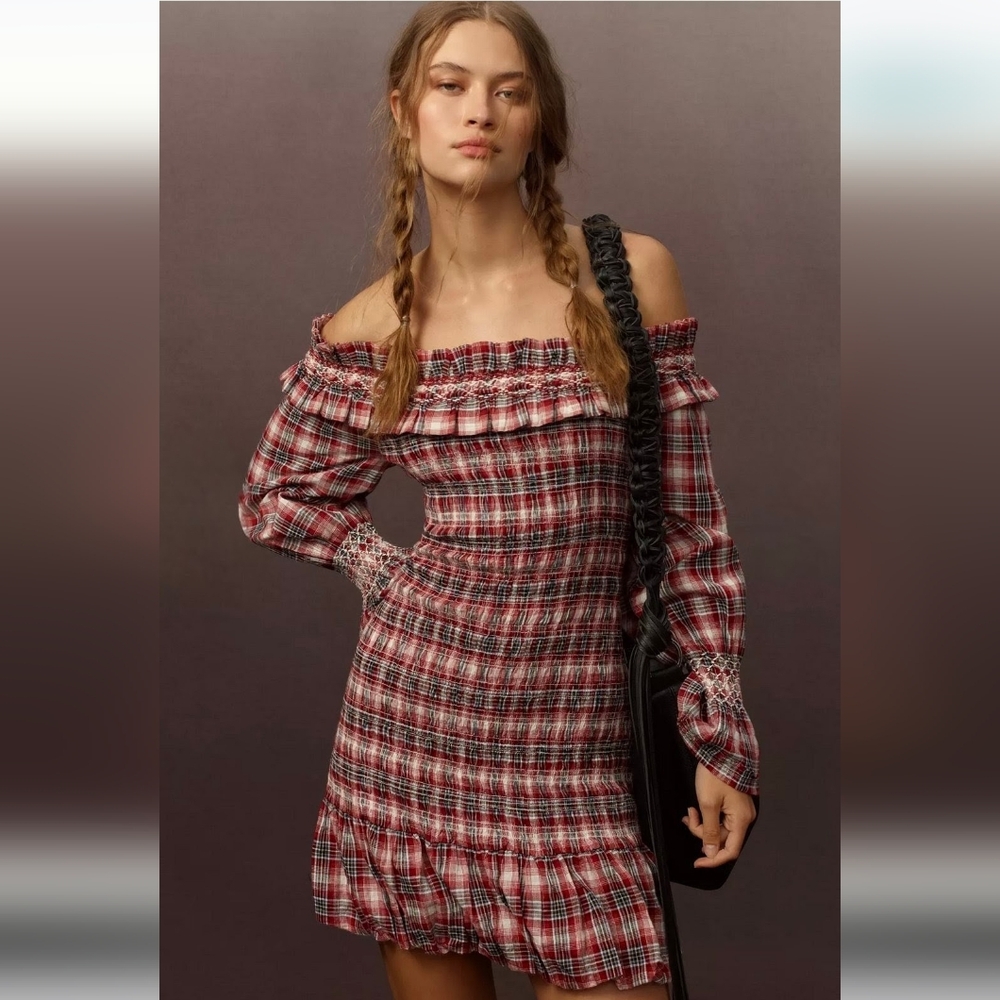 Anthropologie Pilcro Womens Mini Dress Smock Plaid Stagecoach Cowgirl‎ NWT Small